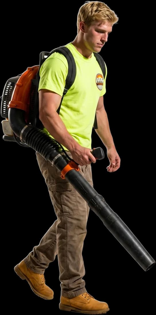 Lofton crew member blowing clippings clean with a backpack blower