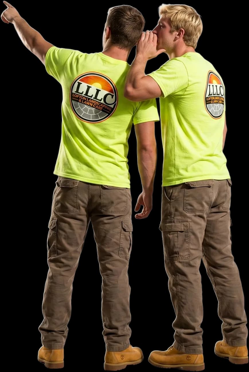Two Lofton crew members with their backs turned — one pointing at the reviews, the other whispering in his ear