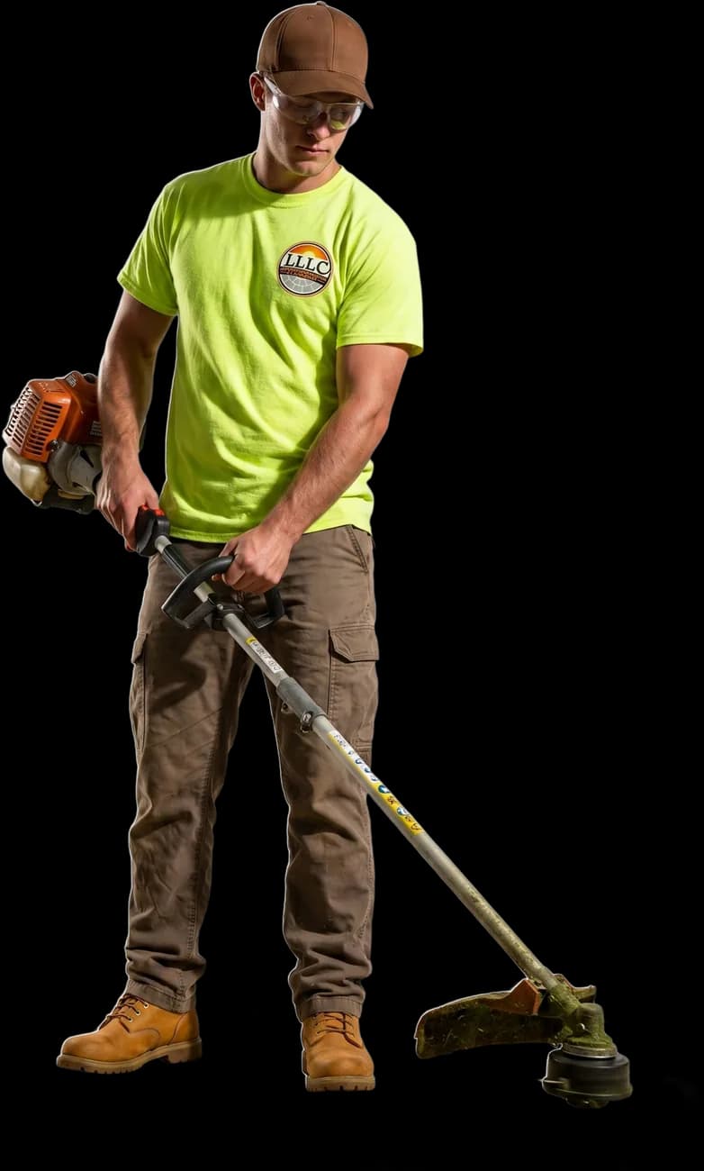 Lofton crew member trimming with a weed whacker mid-swing