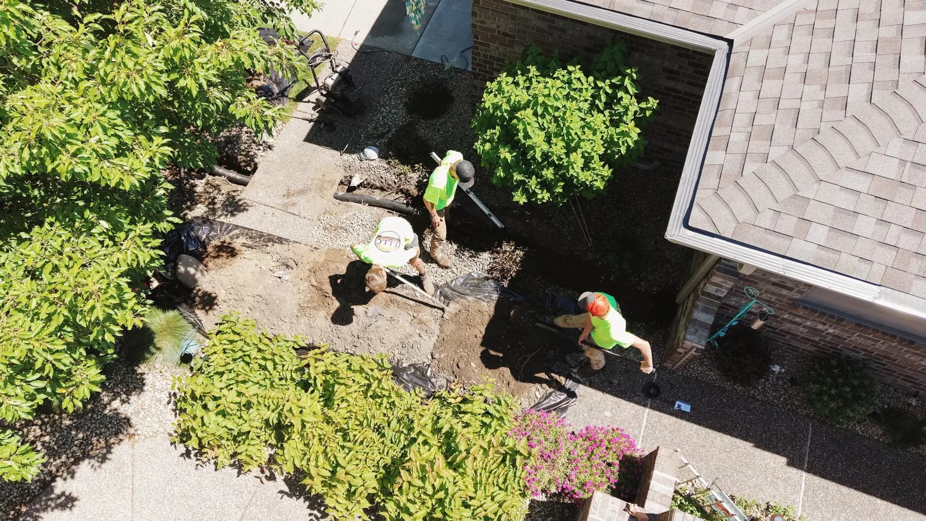 Aerial view of a Lofton Landscaping crew working a south metro Minnesota property