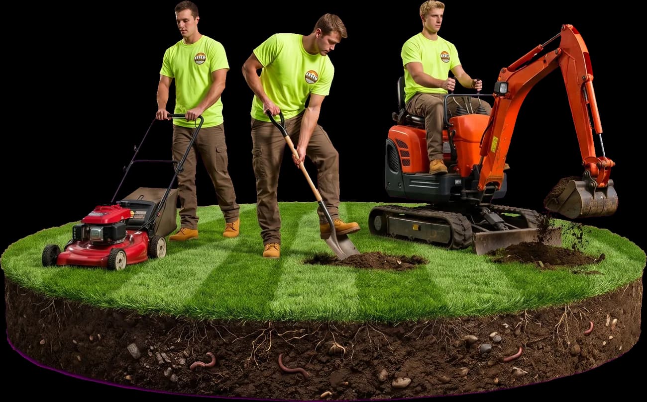 The Lofton crew mowing, digging and excavating on a cutout slab of lawn