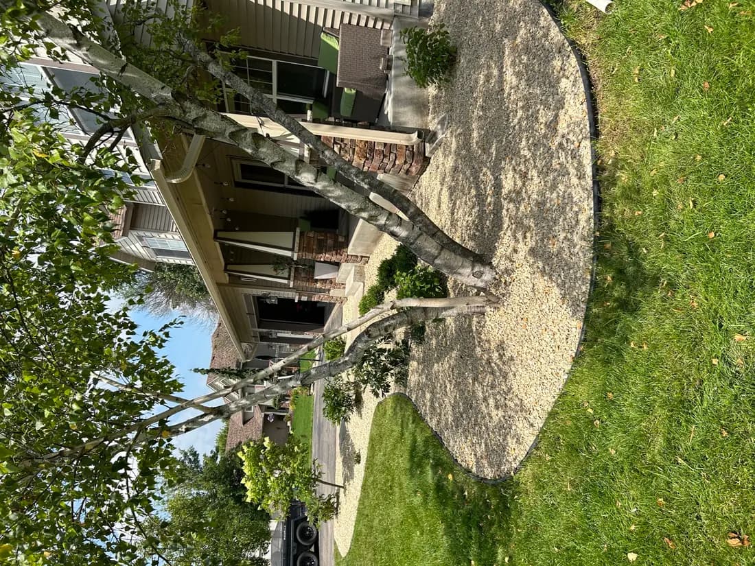 Landscaped tree and rock ring on a striped lawn